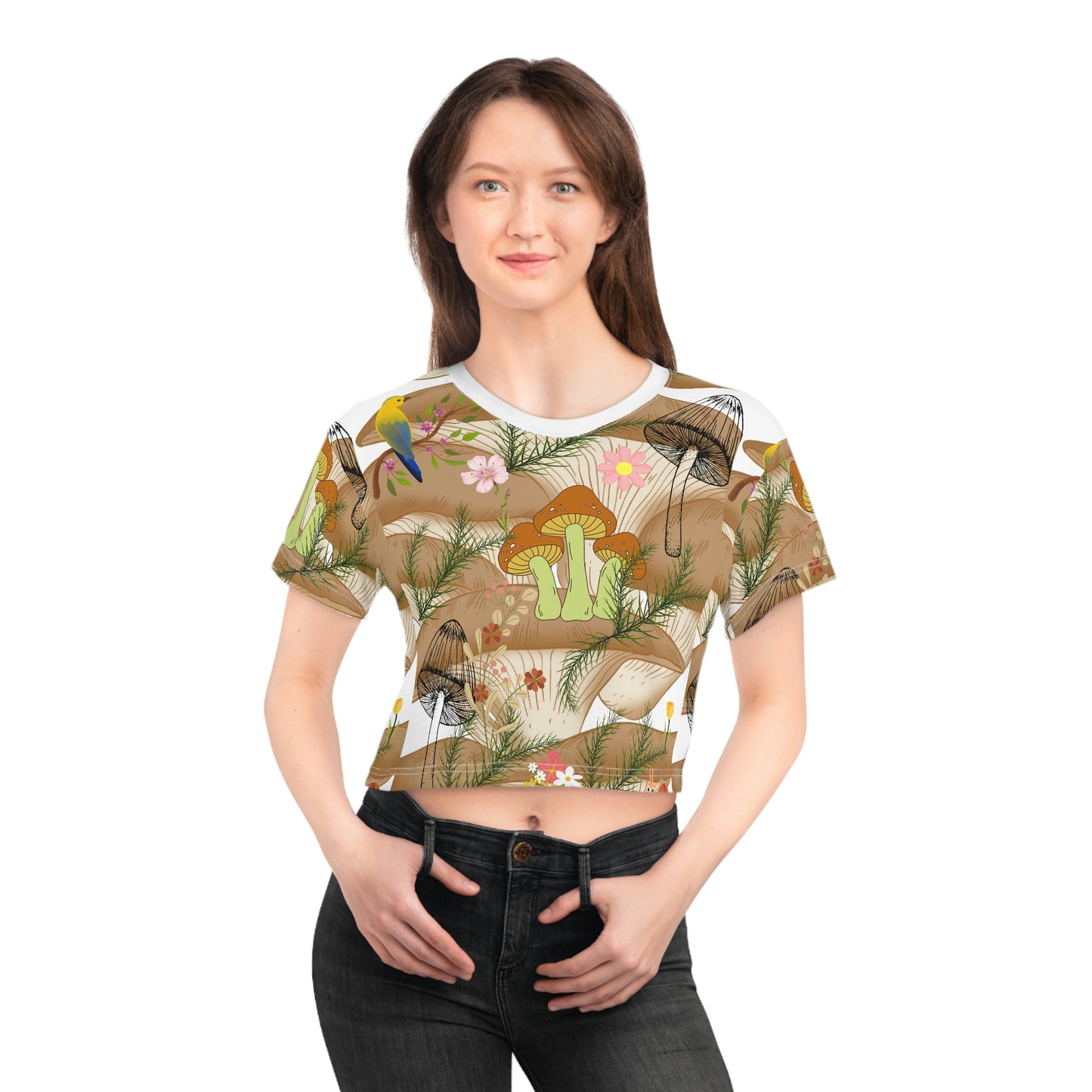 Bring Nature's Beauty to Your Wardrobe with a Women's T-Shirt Featuring Mushroom, Bird, and Flower Designs! AOP Crop Tee