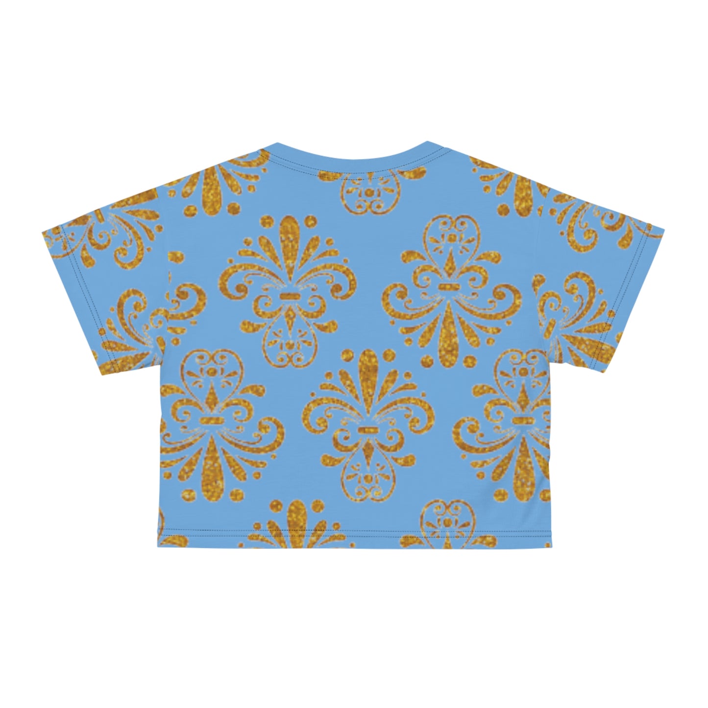 Women Blue and Gold Pattern Short Sleeve Shirt Crop Tee