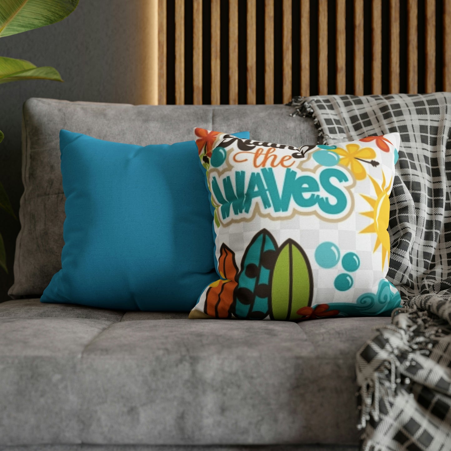 Turquoise Riding the wave Polyester Square Pillow | Spun Polyester Square Pillow Case | Surfboard | flower Décor pillow