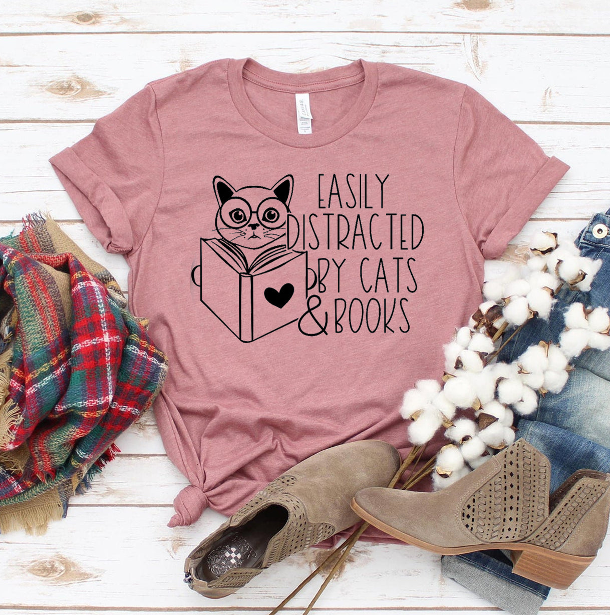 Easily Distracted By Cats & Books T-Shirt - Book Lover Cat Mom Gift
