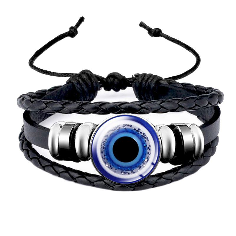 Turkish Blue Eye Glass Snap Button Leather Rope Chain Bracelet