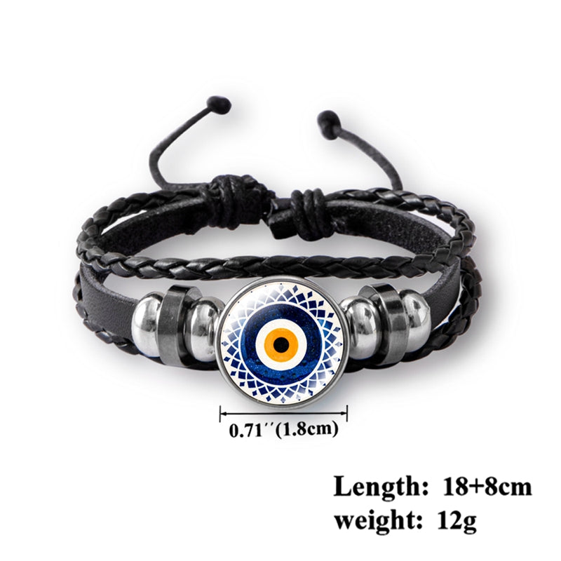 Turkish Blue Eye Glass Snap Button Leather Rope Chain Bracelet