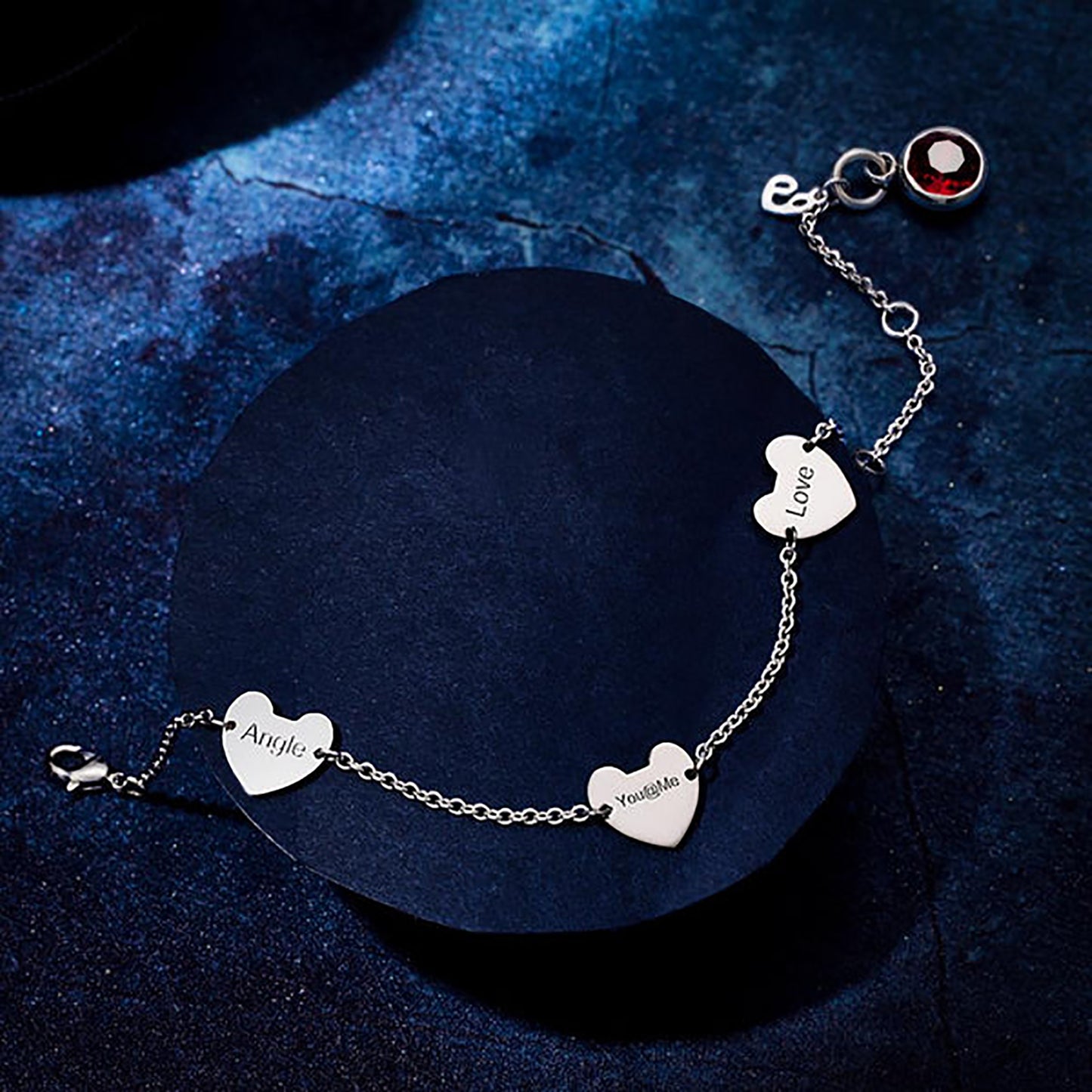 "Showcase Your Love with Our Engraved Three Hearts Bracelet - Customized with Birthstones and Length Adjustable for the Perfect Fit"