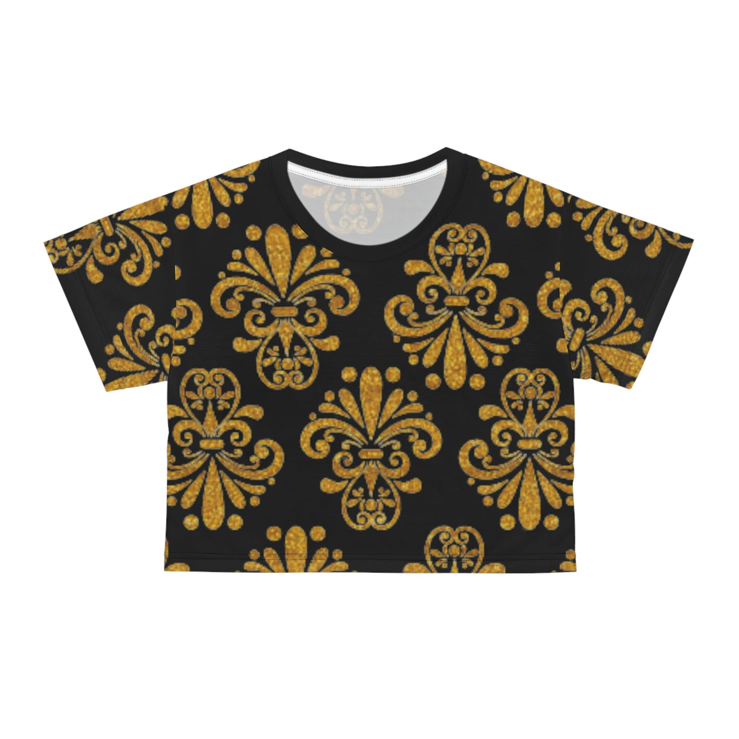 Women Black and Gold Pattern Short Sleeve Shirt Crop Tee