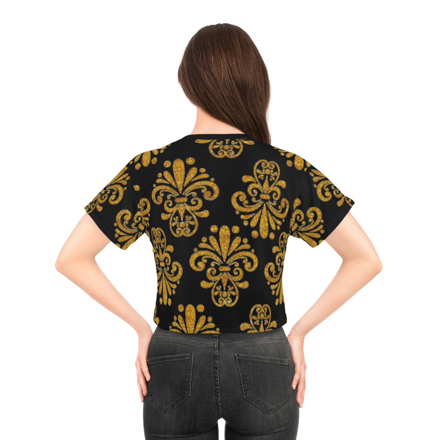 Women Black and Gold Pattern Short Sleeve Shirt Crop Tee