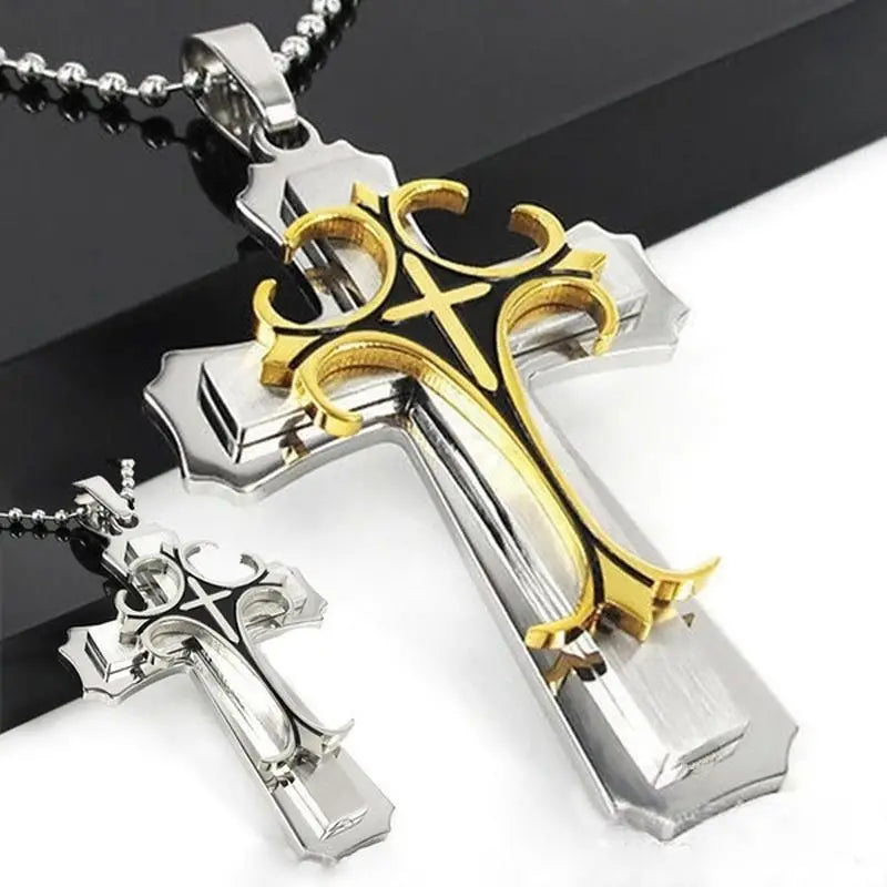Necklace Cross Punk Double Layer Cross Men's Stainless Steel Pendant Necklace Golden Silver