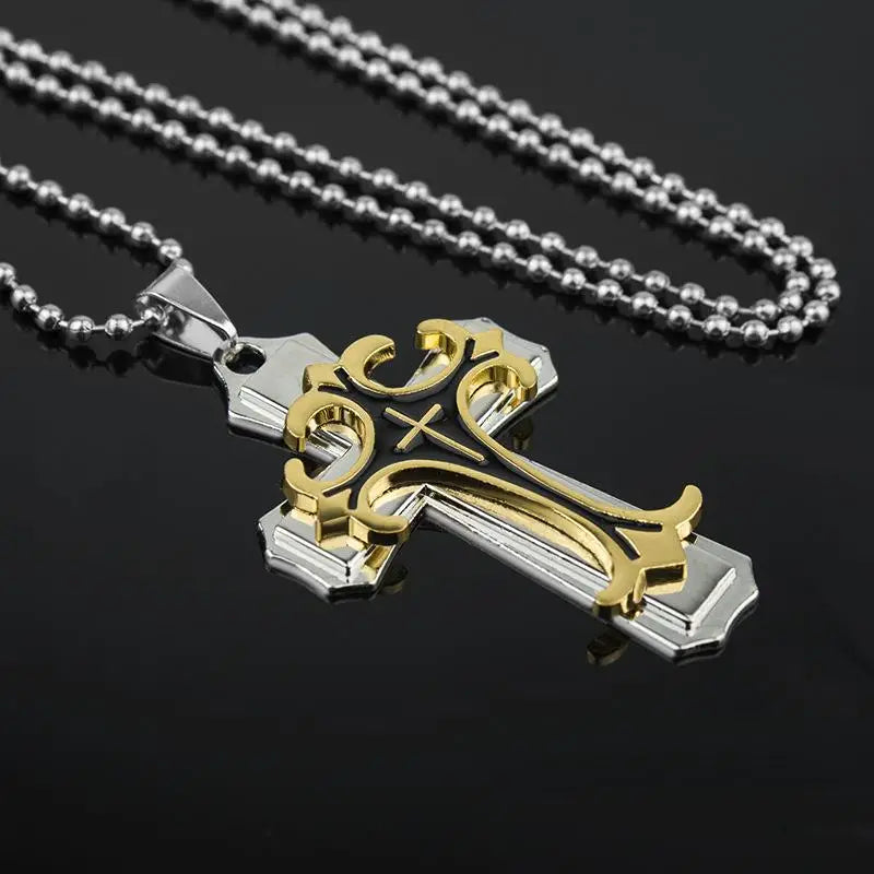 Necklace Cross Punk Double Layer Cross Men's Stainless Steel Pendant Necklace Golden Silver