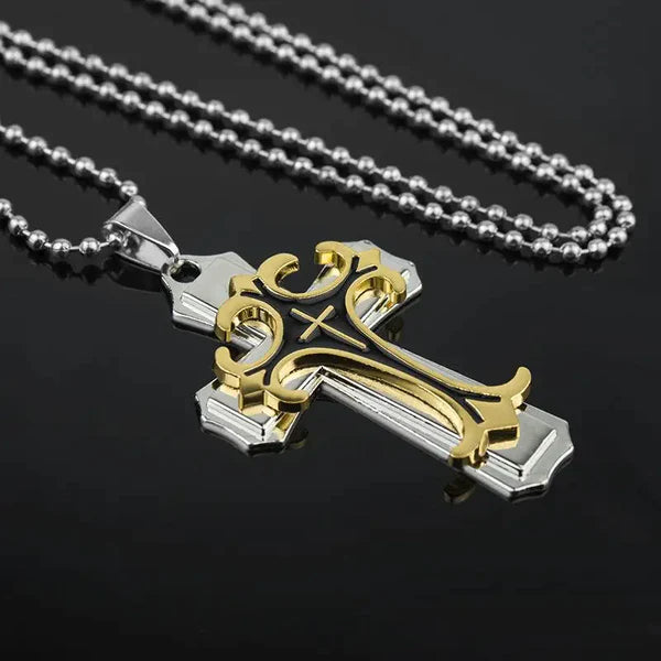Necklace Cross Punk Double Layer Cross Men's Stainless Steel Pendant Necklace Golden Silver