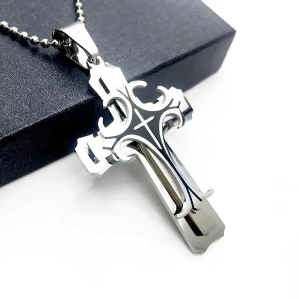 Necklace Cross Punk Double Layer Cross Men's Stainless Steel Pendant Necklace Golden Silver