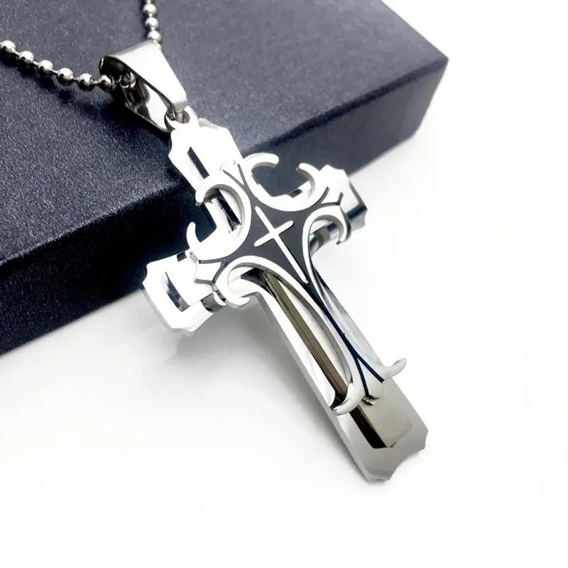 Necklace Cross Punk Double Layer Cross Men's Stainless Steel Pendant Necklace Golden Silver