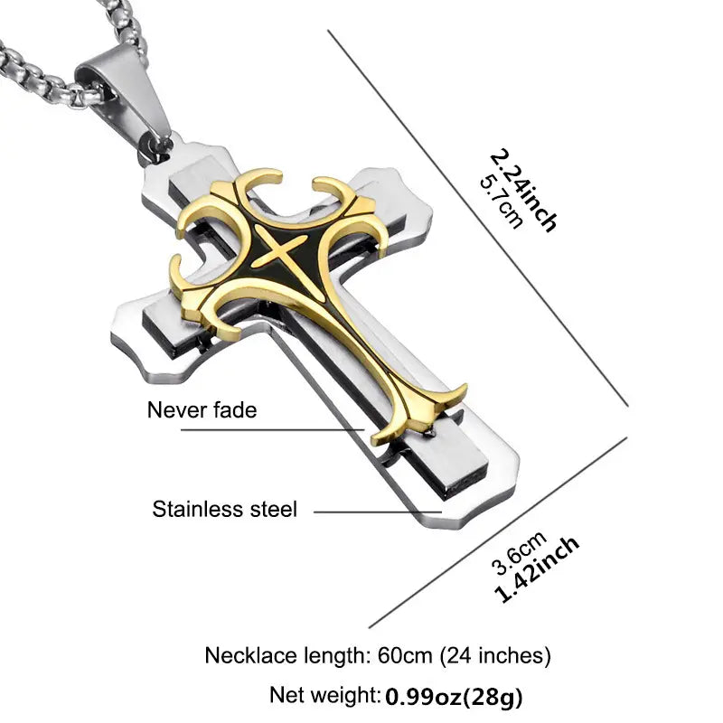 Necklace Cross Punk Double Layer Cross Men's Stainless Steel Pendant Necklace Golden Silver