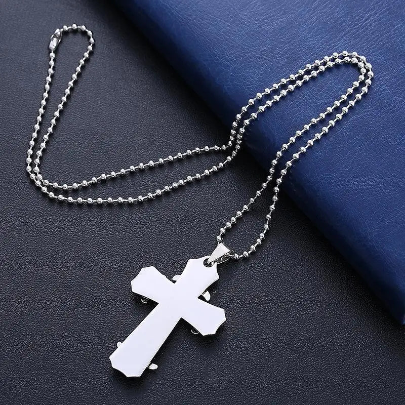 Necklace Cross Punk Double Layer Cross Men's Stainless Steel Pendant Necklace Golden Silver