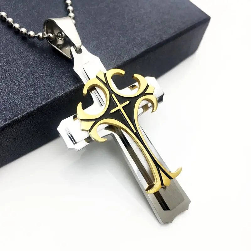 Necklace Cross Punk Double Layer Cross Men's Stainless Steel Pendant Necklace Golden Silver