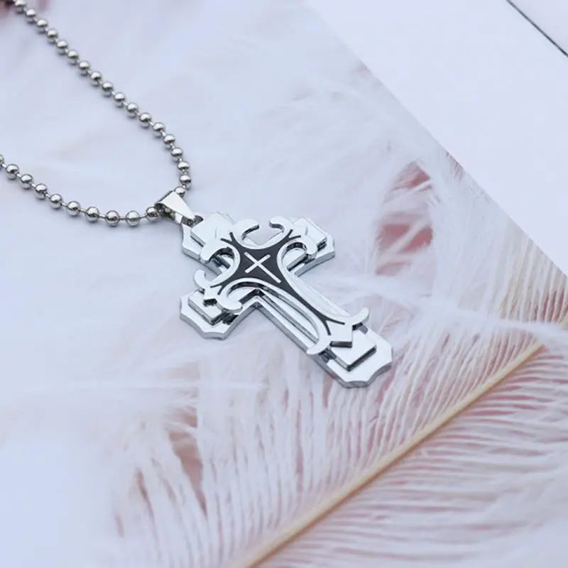 Necklace Cross Punk Double Layer Cross Men's Stainless Steel Pendant Necklace Golden Silver