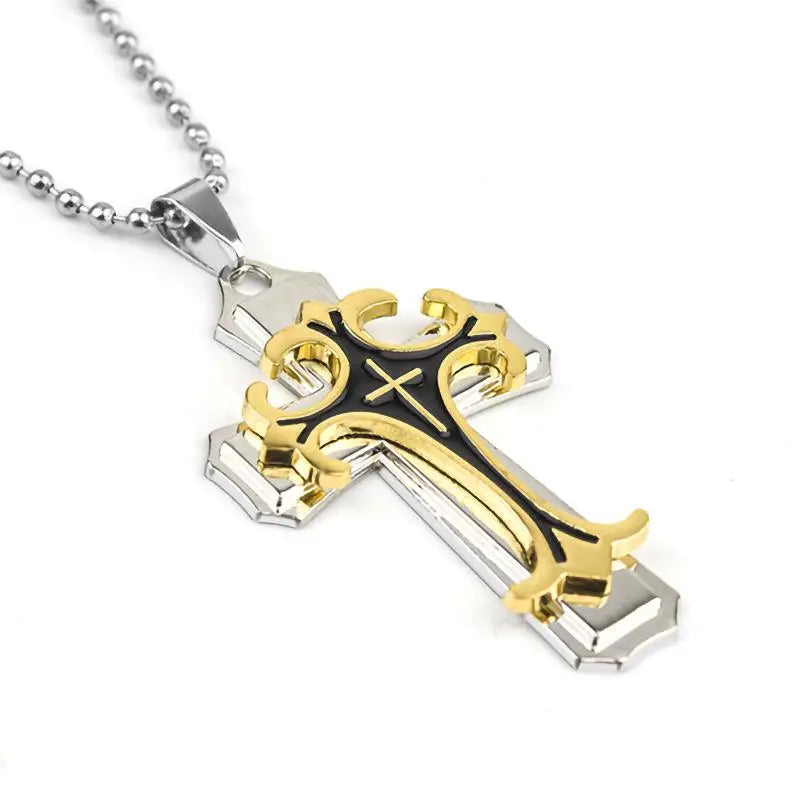 Necklace Cross Punk Double Layer Cross Men's Stainless Steel Pendant Necklace Golden Silver