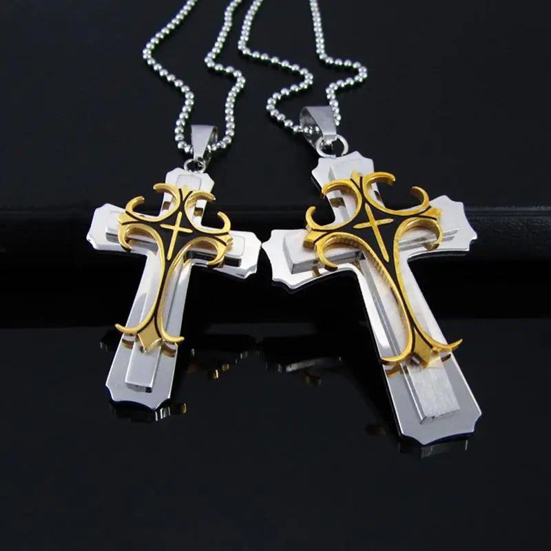 Necklace Cross Punk Double Layer Cross Men's Stainless Steel Pendant Necklace Golden Silver