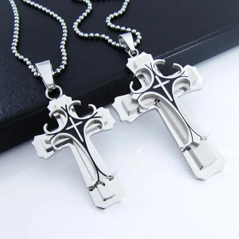 Necklace Cross Punk Double Layer Cross Men's Stainless Steel Pendant Necklace Golden Silver