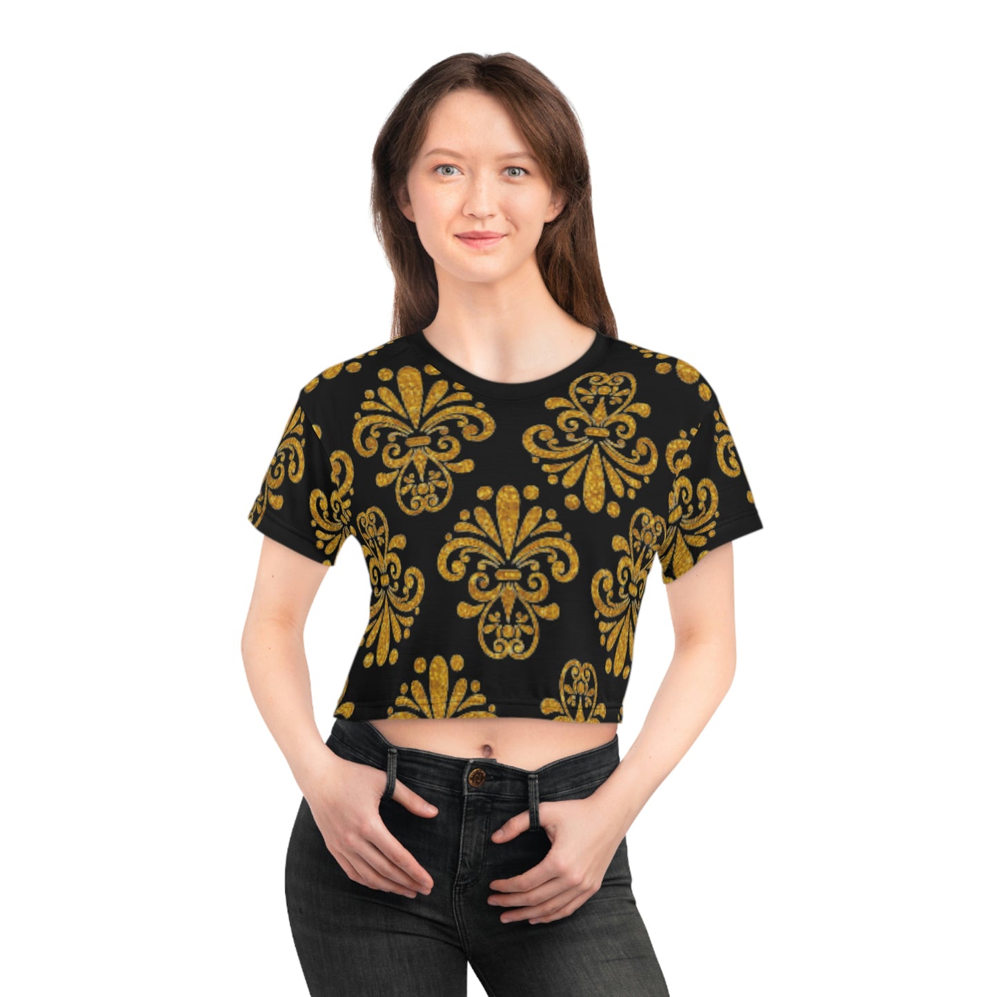 Women Black and Gold Pattern Short Sleeve Shirt Crop Tee