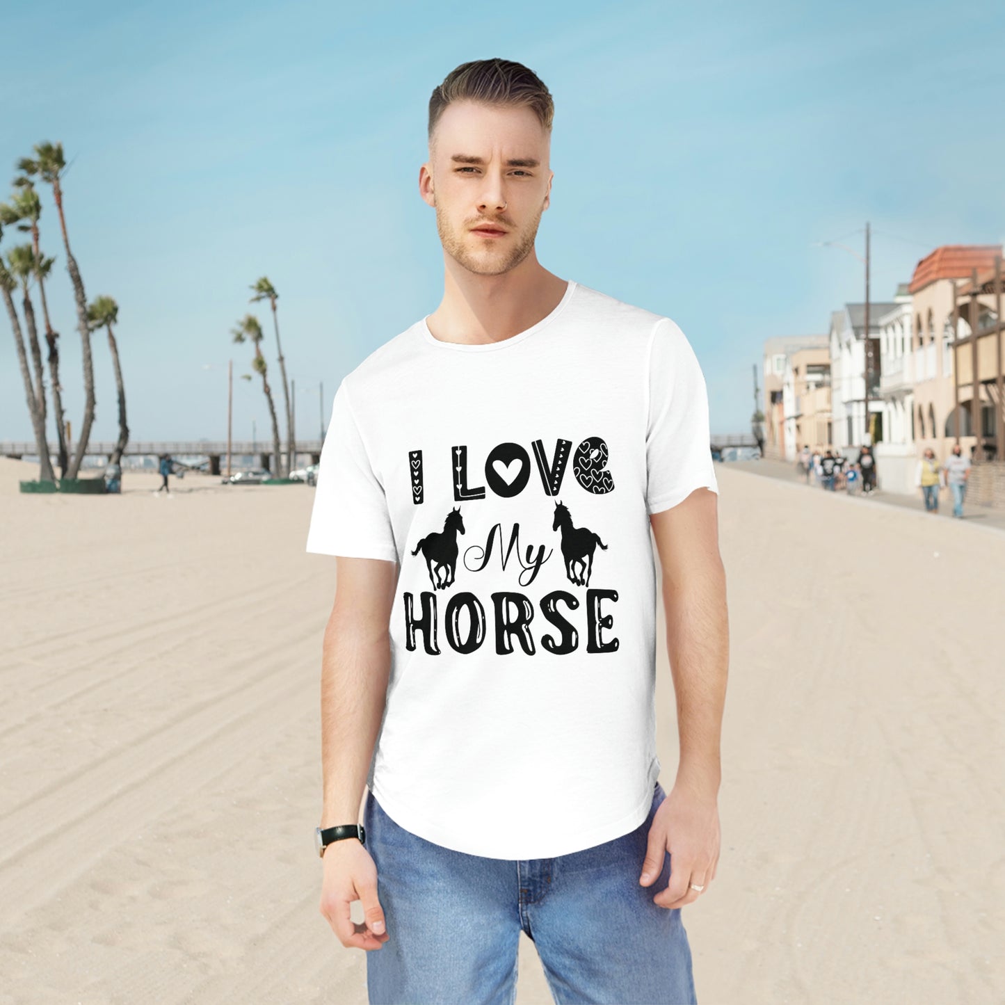 A  comfortable Shirt Show Your Love for Horses with Our Men's Jersey Curved Hem Tee - Perfect for Women and Adults